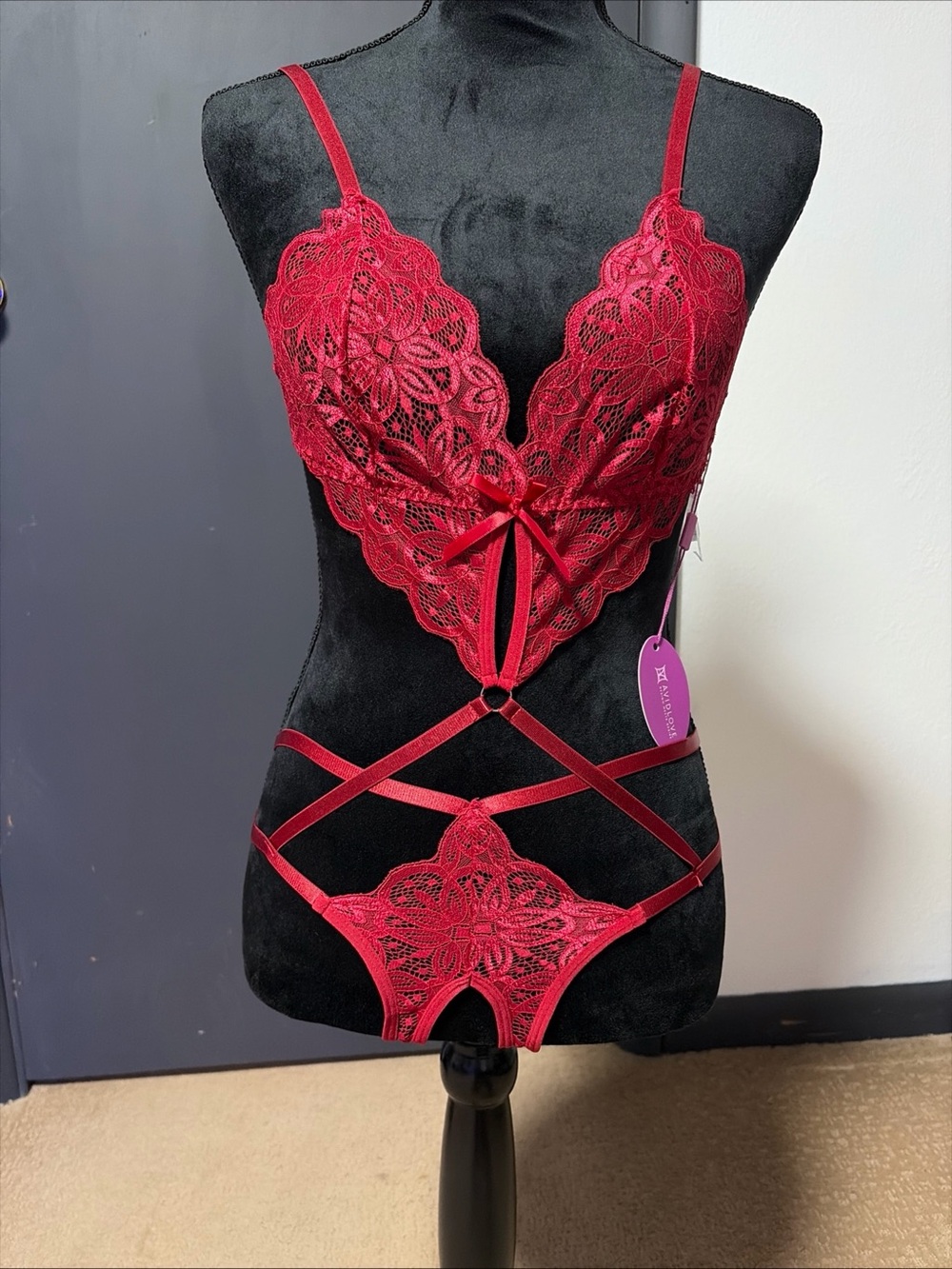 Lace Strappy Teddy Bodysuit in Burgundy Red